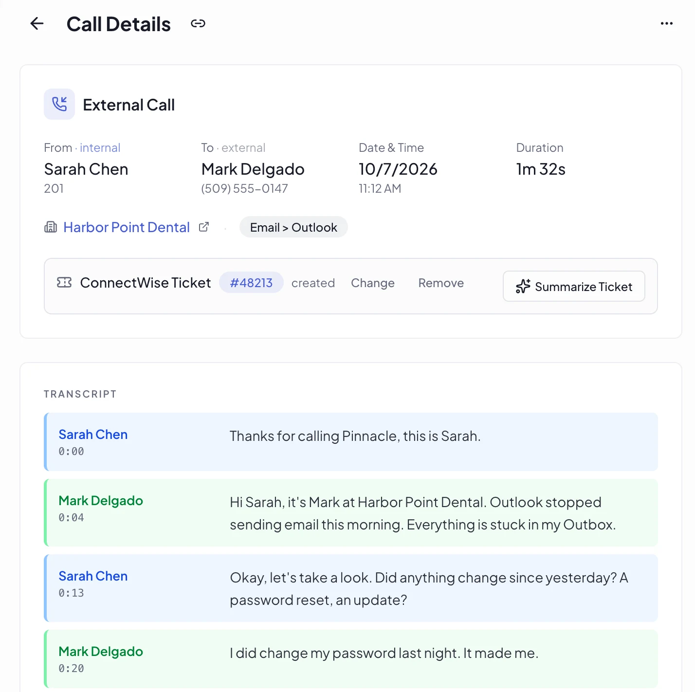 A call in Vight with its transcript, the client, and the ConnectWise ticket it created