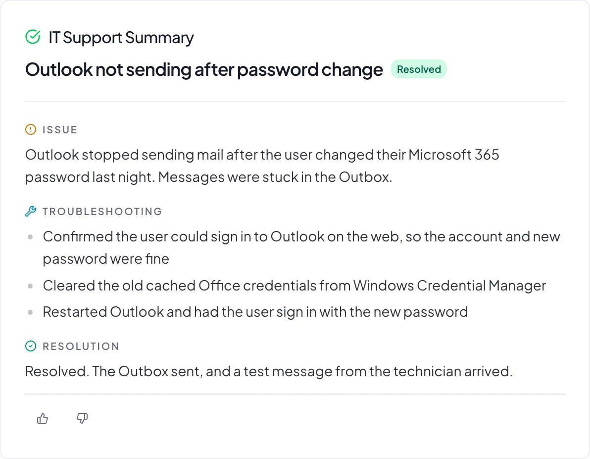The IT Support Summary Vight wrote for the call: issue, troubleshooting steps, and resolution